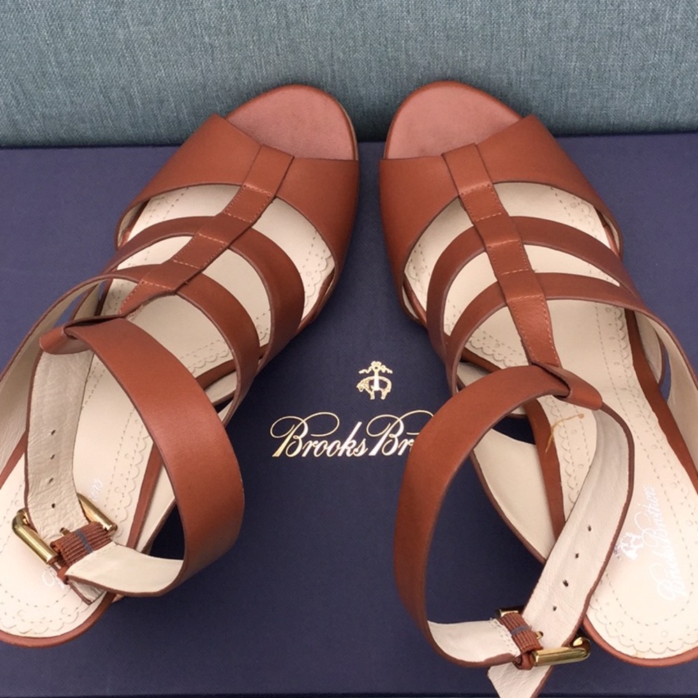NIB Brown Brooks Brothers Ankle Strap Wedge Sandals 8.5